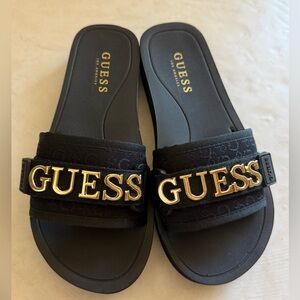 Guess Women's Black and Gold Slide Sandals